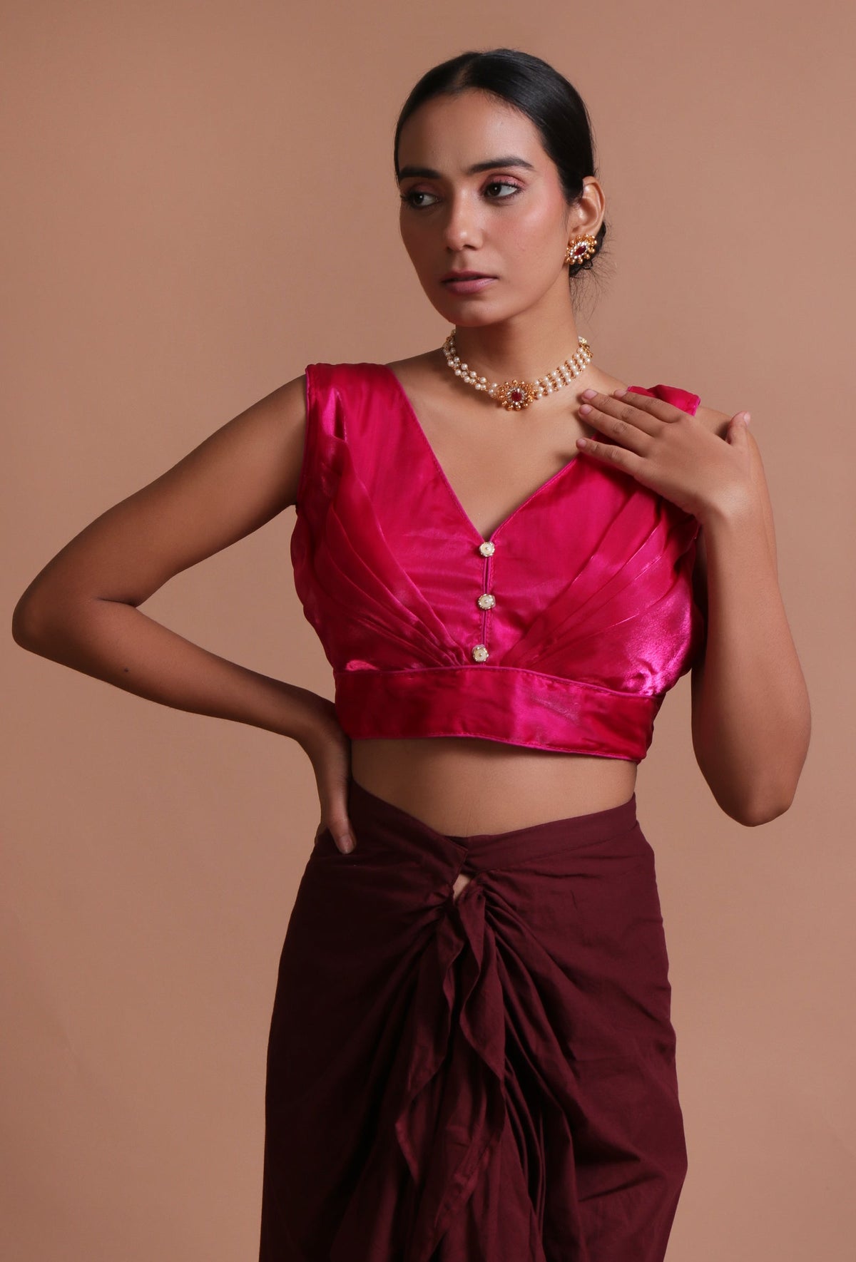Dark Pink Color Organza Plain Blouse サイズ S