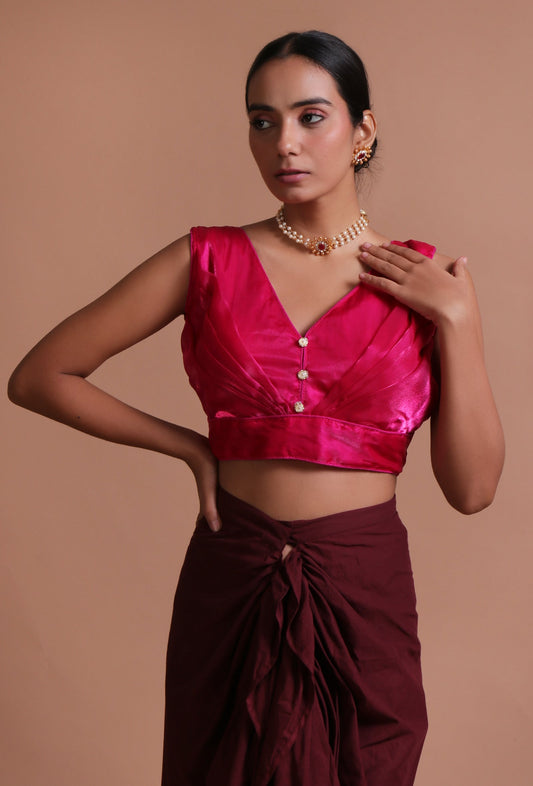 Dark Pink Color Organza Plain Blouse サイズ S