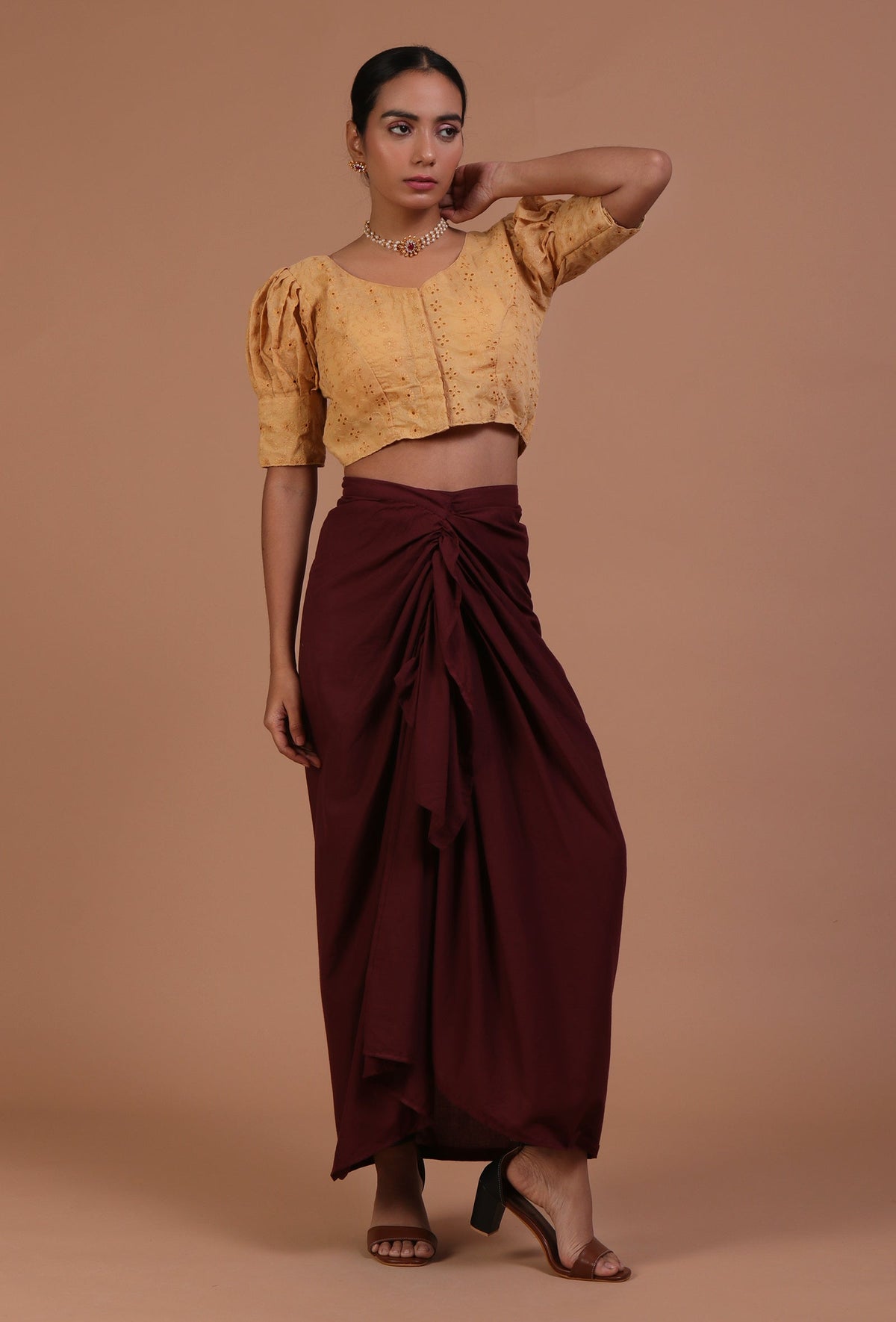 Golden Color Cotton Chikankari Blouse サイズ S