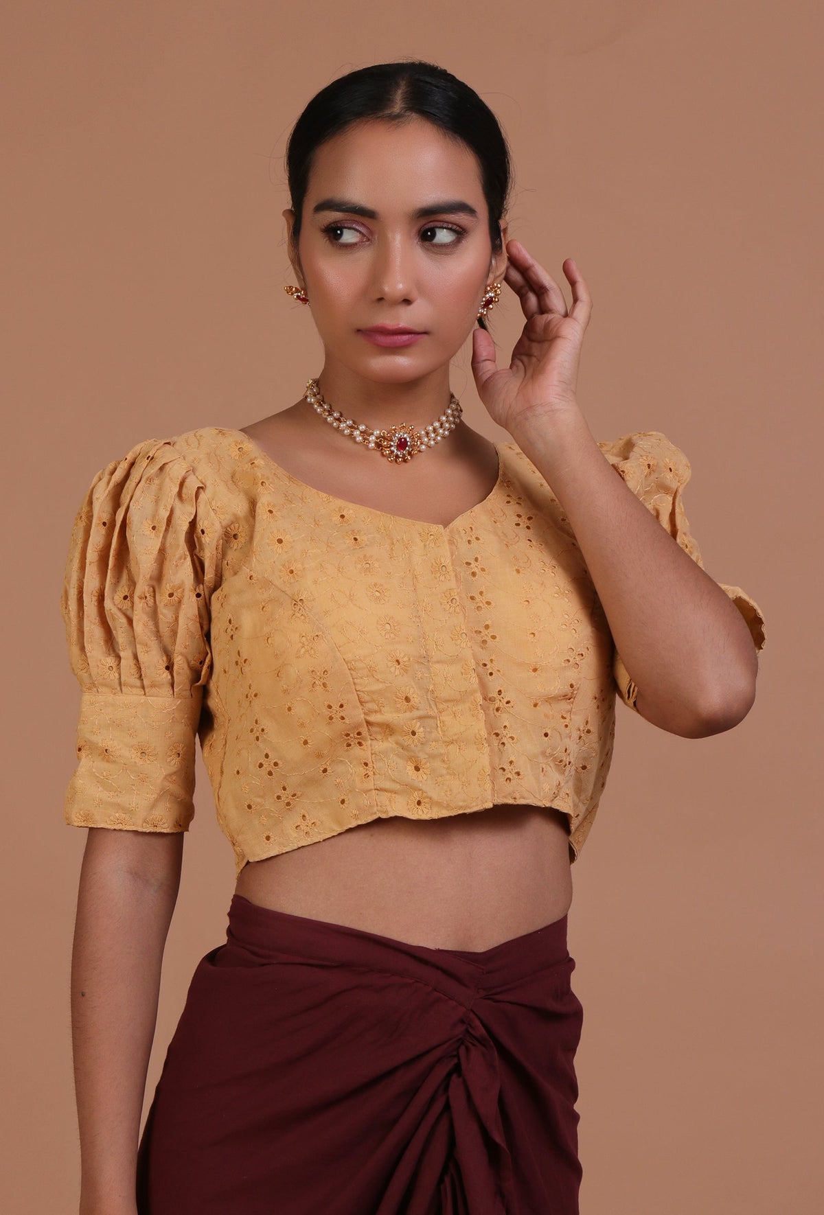 Golden Color Cotton Chikankari Blouse サイズ S
