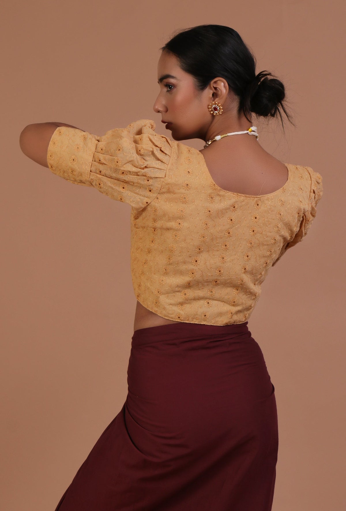 Golden Color Cotton Chikankari Blouse サイズ S