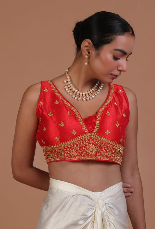 Red Color Raw Silk Embroidered Blouse サイズ S