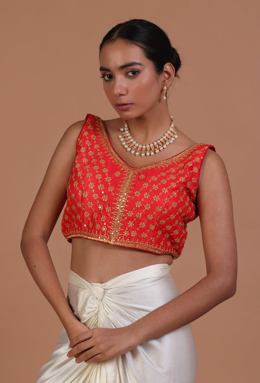 Red Color Raw Silk Embroidered Blouse サイズ S