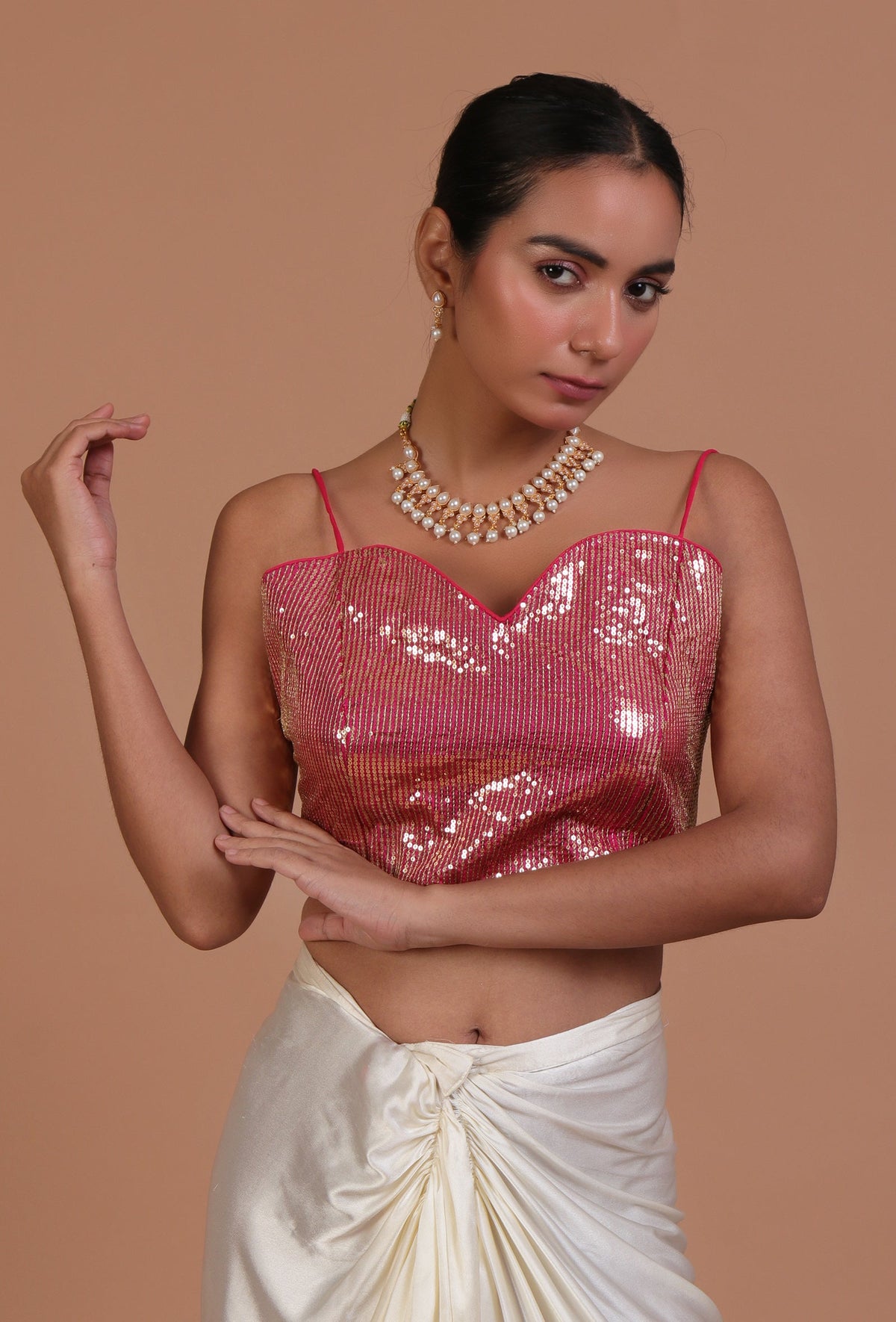 Light Pink Color Raw Silk Sitara Work Blouse サイズ S