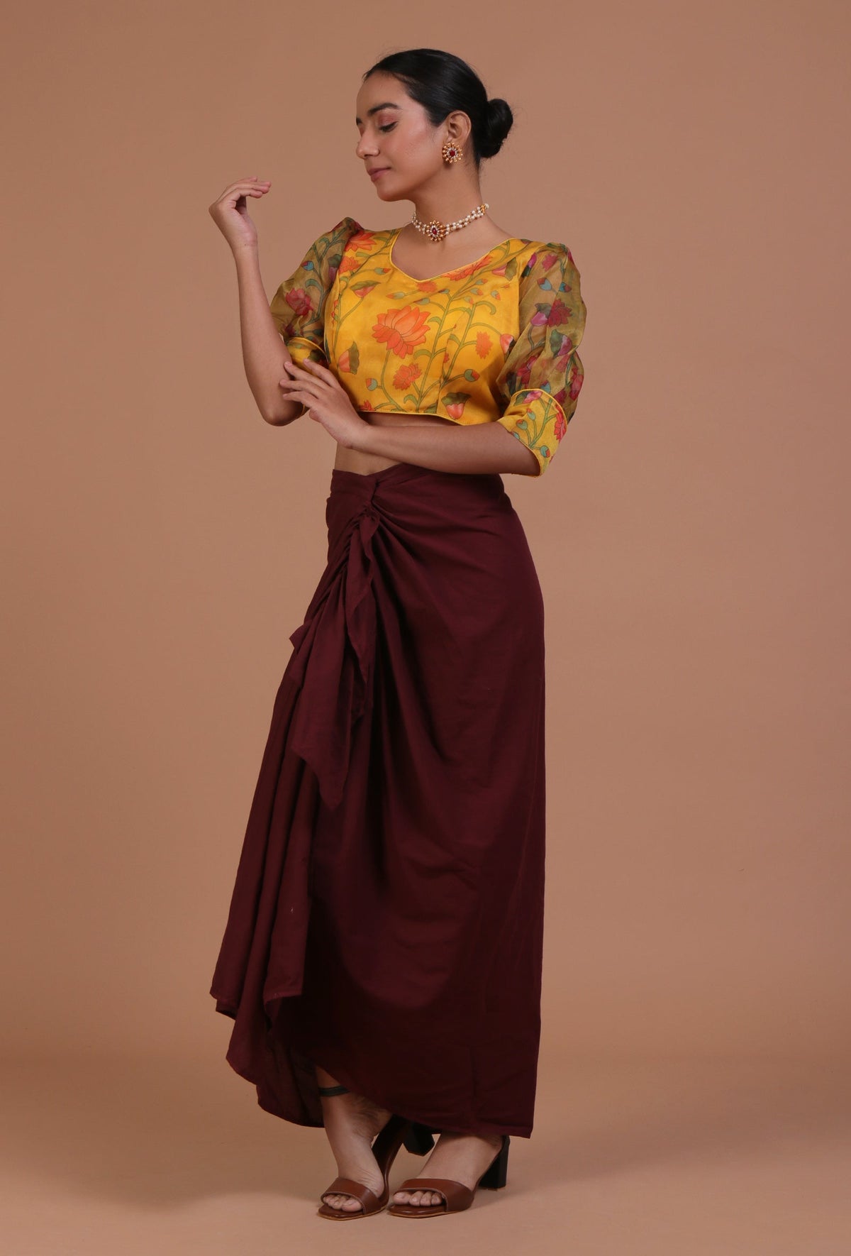 Mustard Yellow Color Organza Printed Blouse サイズ S