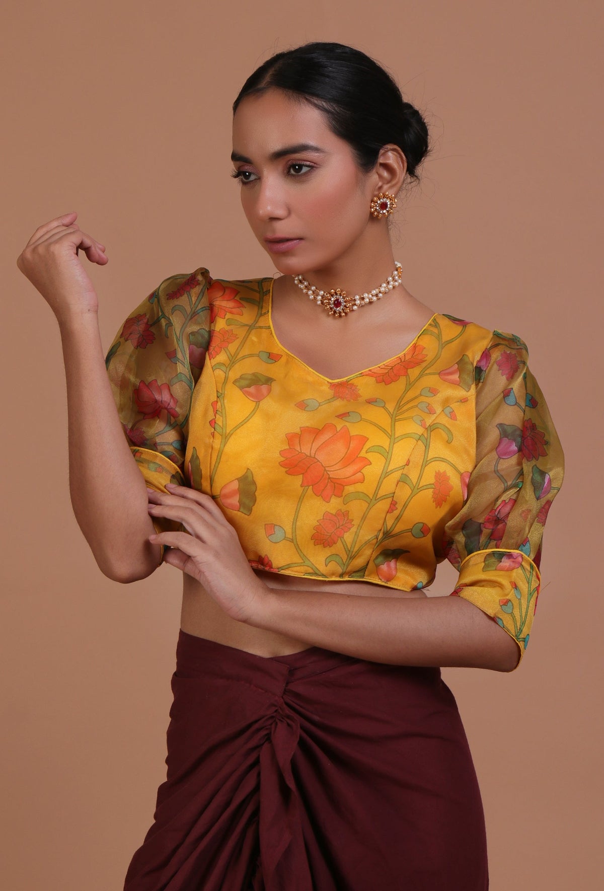 Mustard Yellow Color Organza Printed Blouse サイズ S