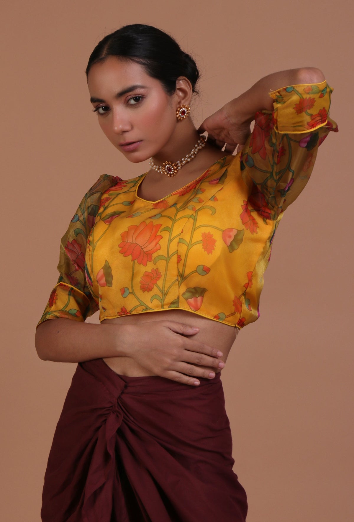 Mustard Yellow Color Organza Printed Blouse サイズ S