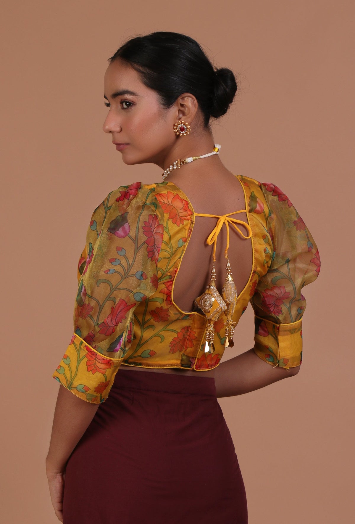 Mustard Yellow Color Organza Printed Blouse サイズ S