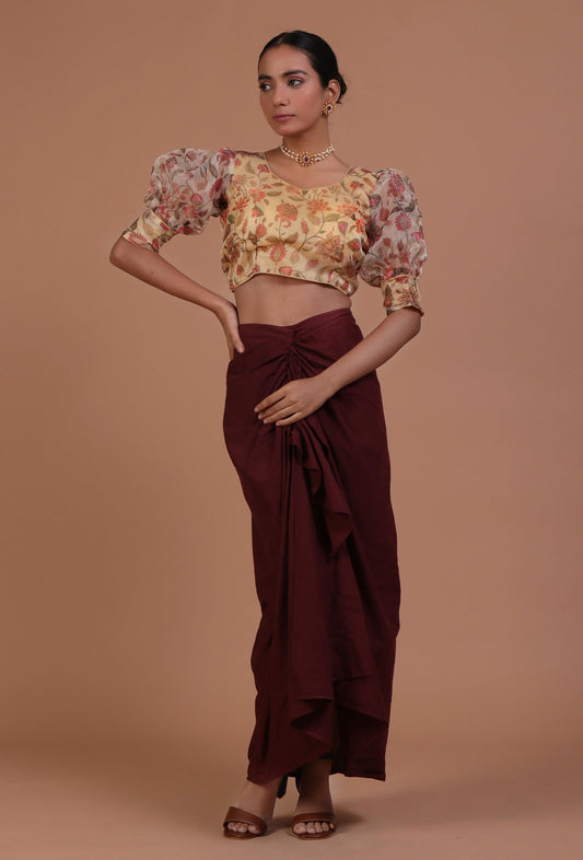 Yellow Color Organza Printed Blouse サイズ S