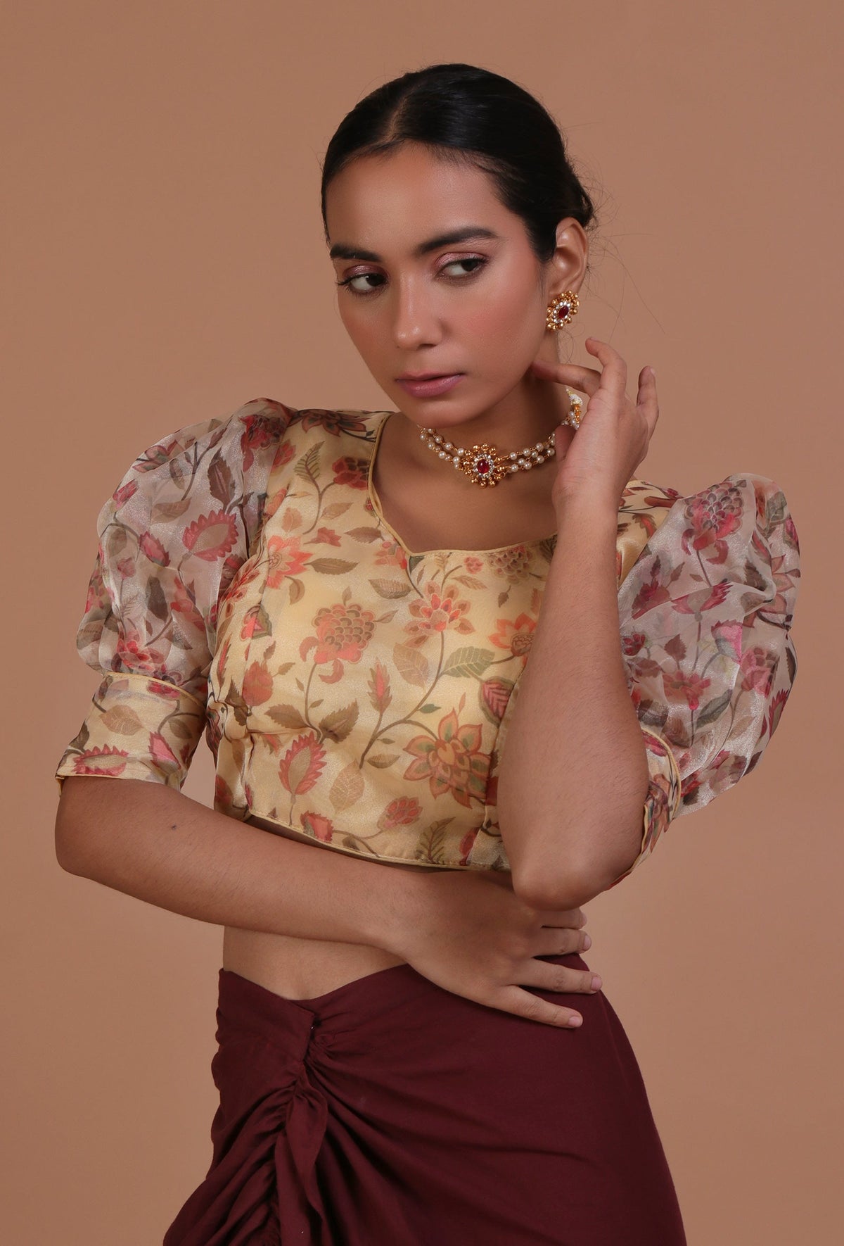 Yellow Color Organza Printed Blouse サイズ S