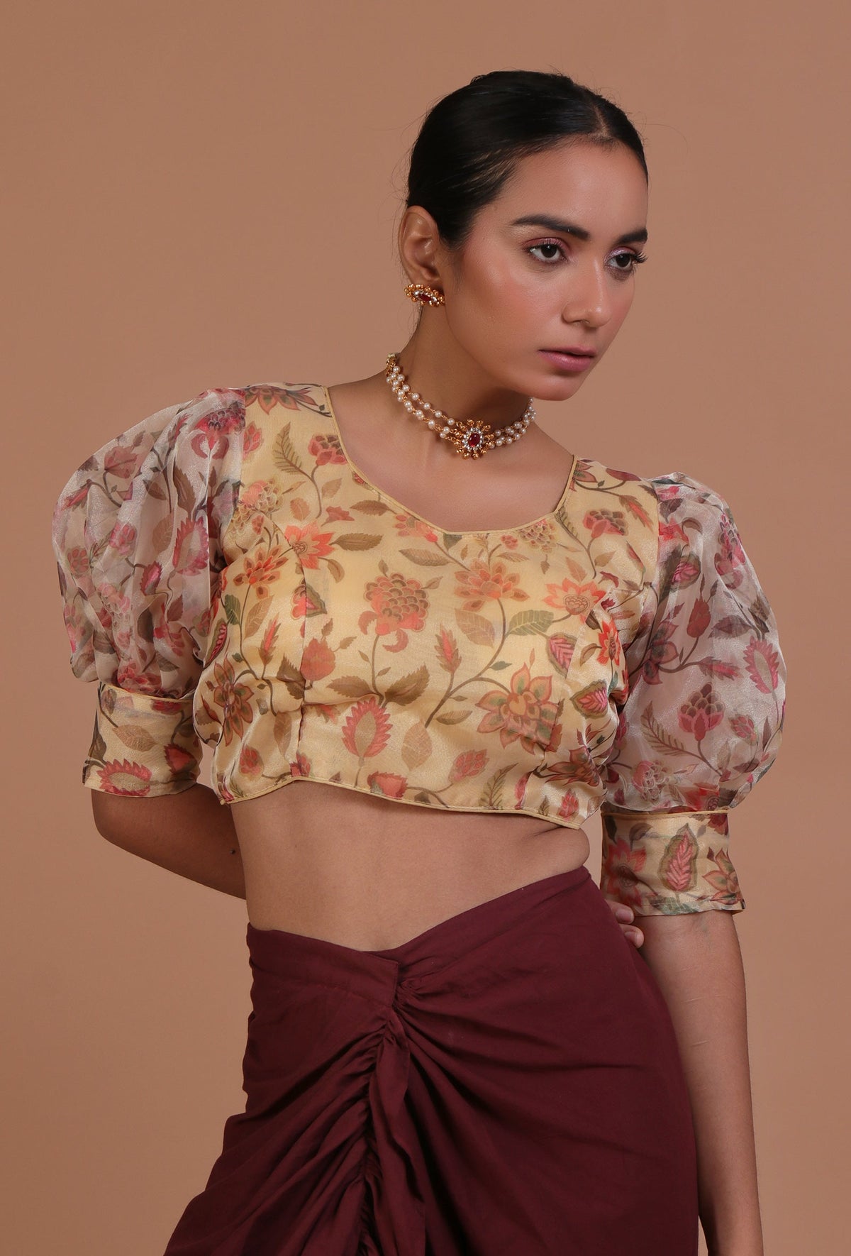 Yellow Color Organza Printed Blouse サイズ S