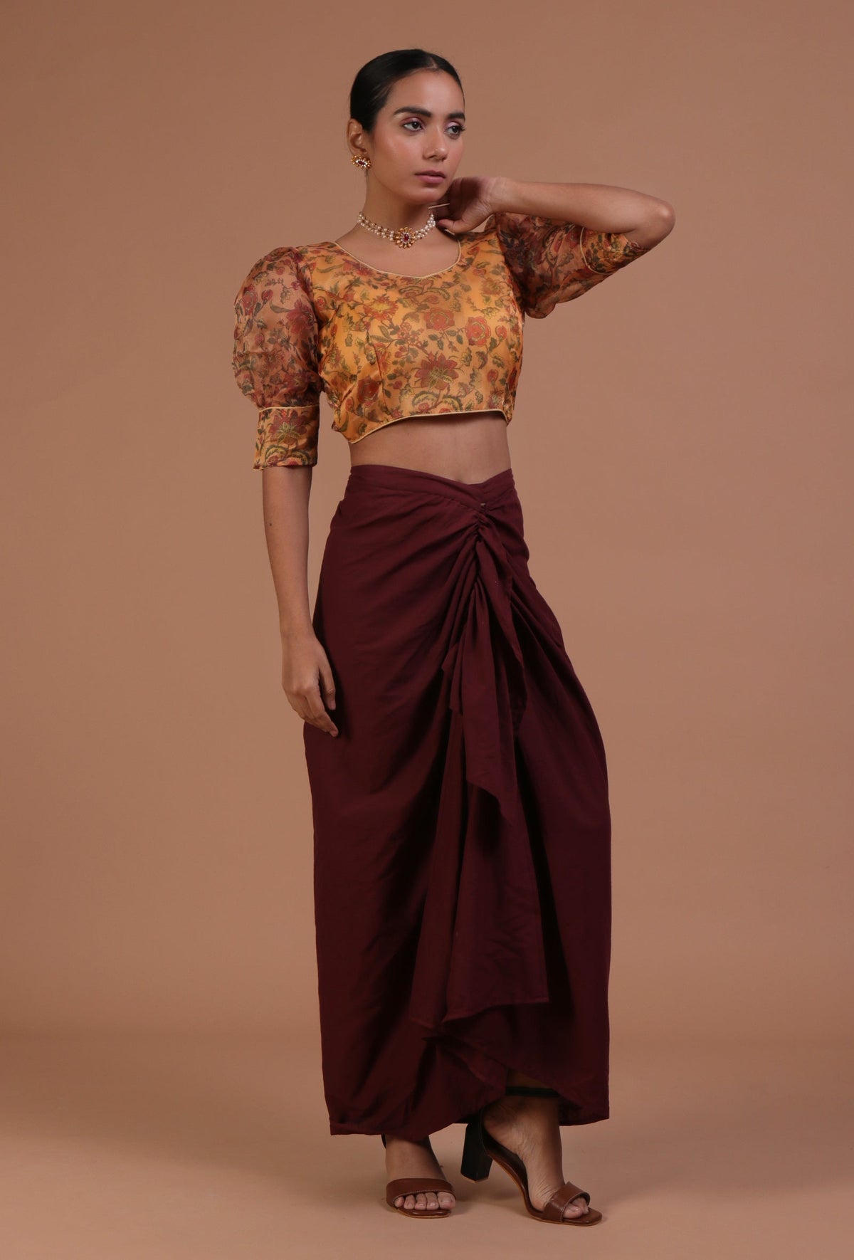 Yellow Color Organza Printed Blouse サイズ S