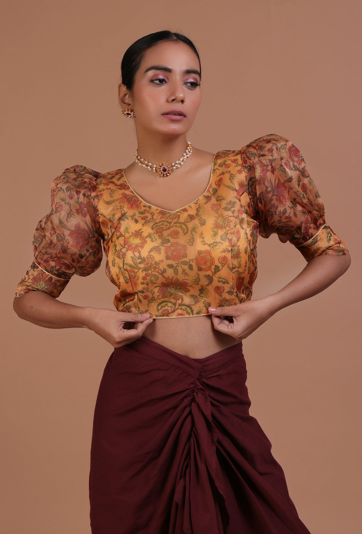 Yellow Color Organza Printed Blouse サイズ S