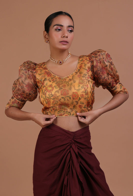 Yellow Color Organza Printed Blouse サイズ S
