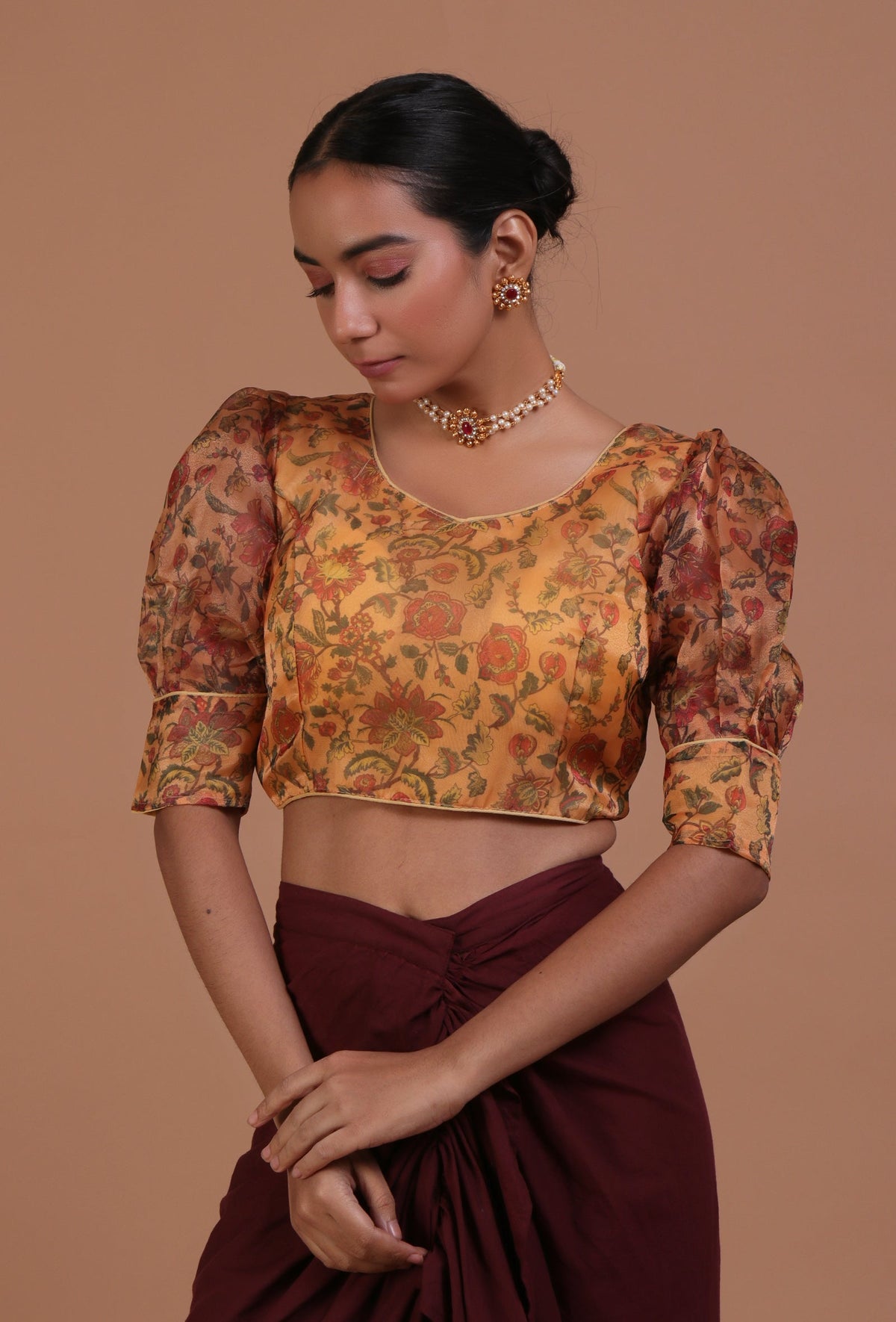 Yellow Color Organza Printed Blouse サイズ S