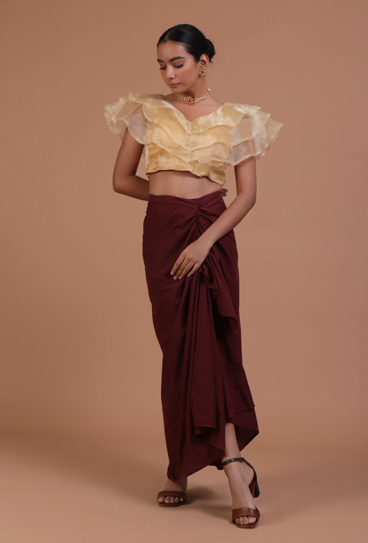 Golden Color Organza Plain Blouse サイズ S