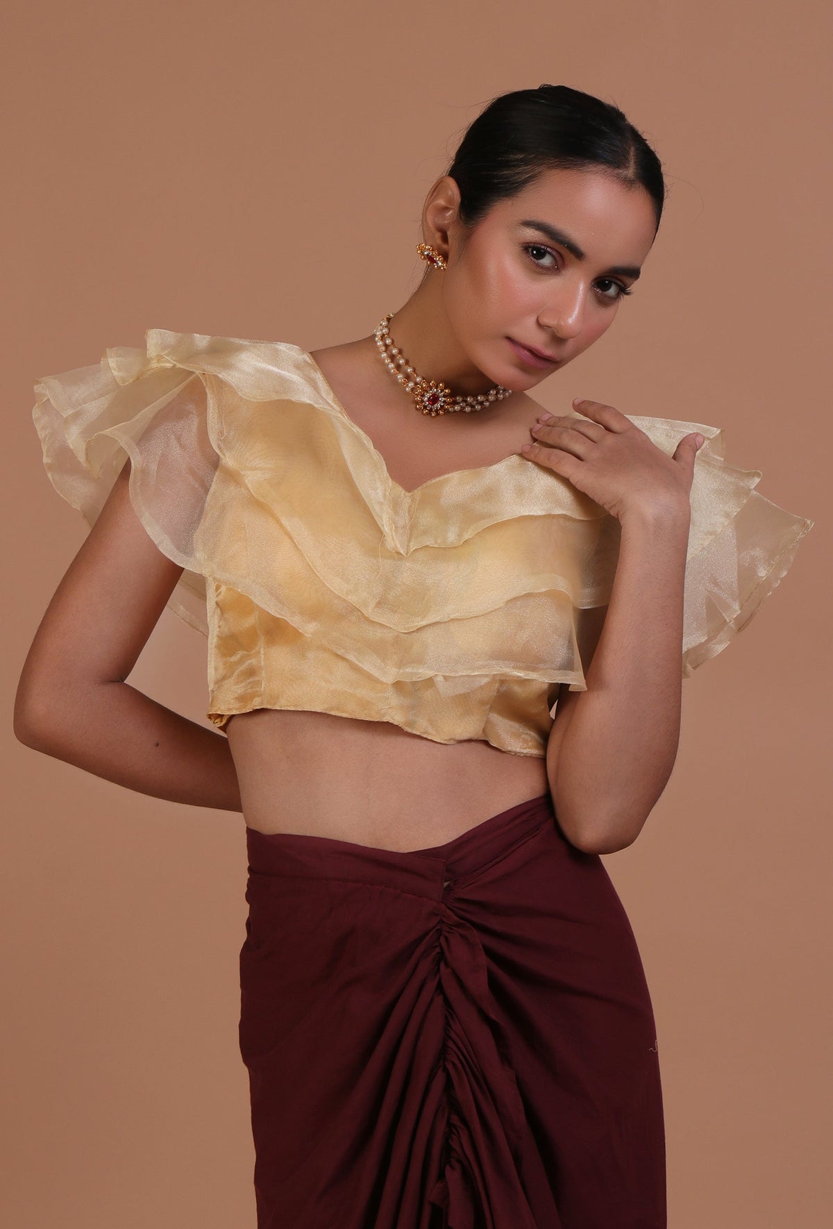 Golden Color Organza Plain Blouse サイズ S