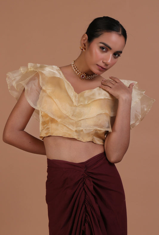 Golden Color Organza Plain Blouse サイズ S