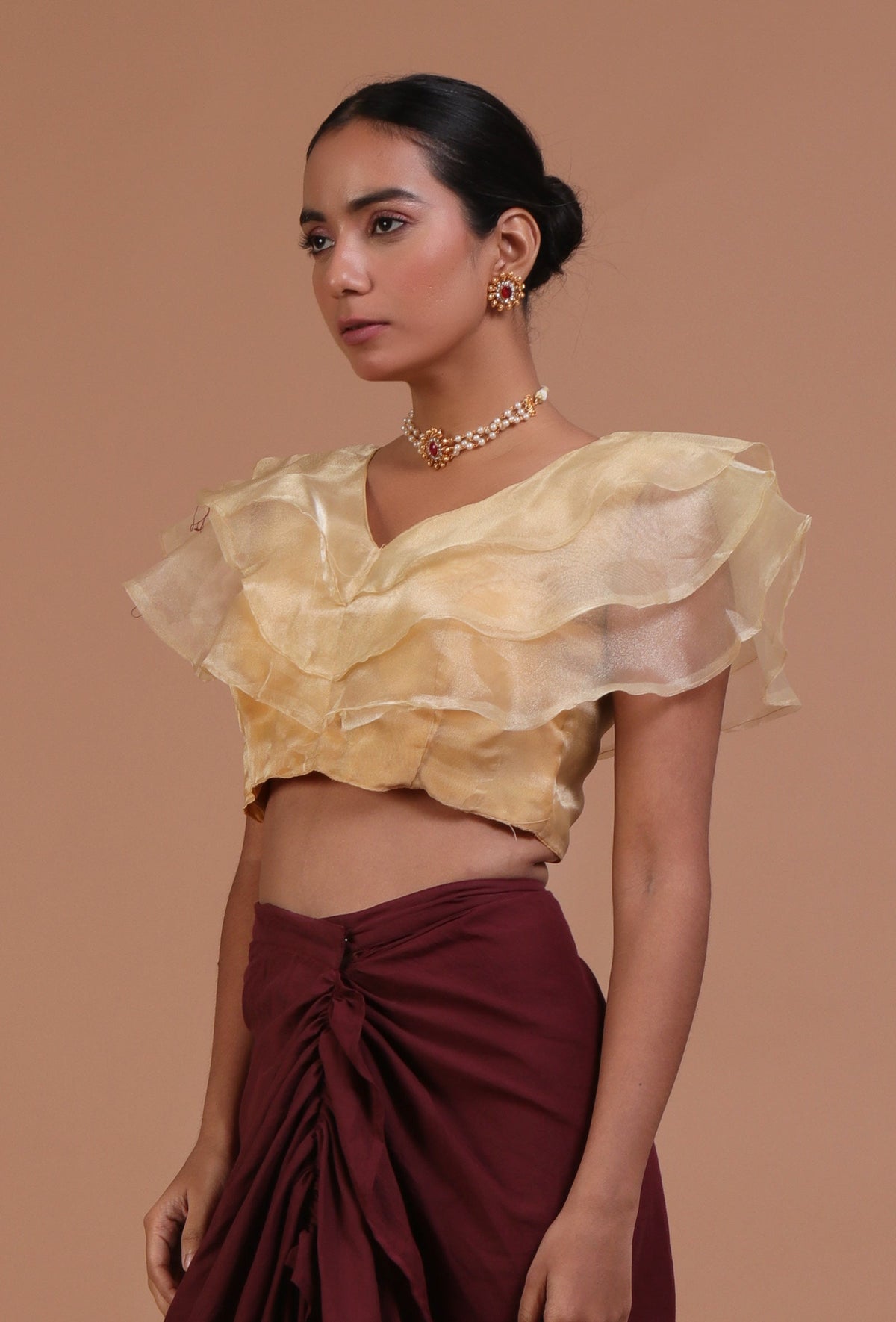 Golden Color Organza Plain Blouse サイズ S