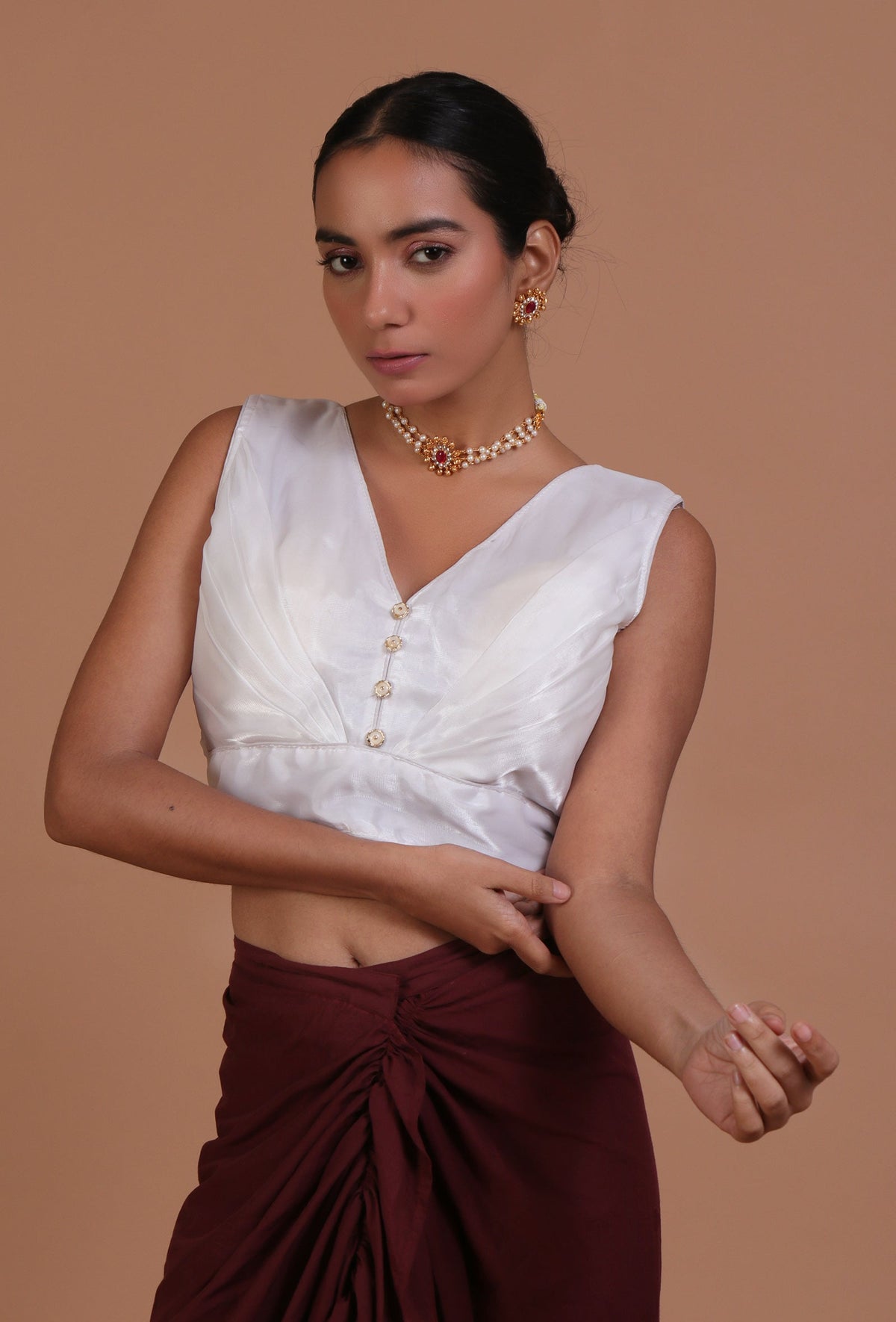 White Color Organza Plain Blouse サイズ S