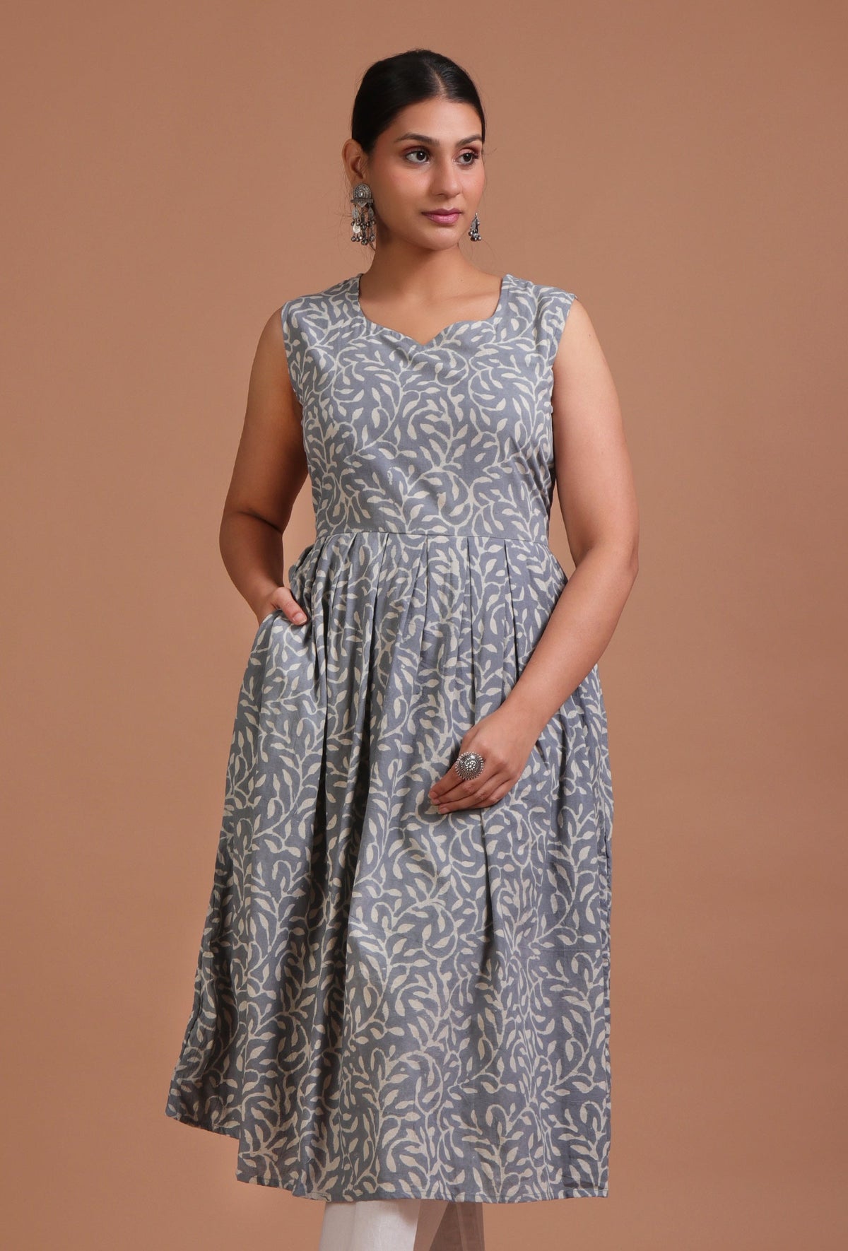 Grey Cotton Printed Dress サイズ S