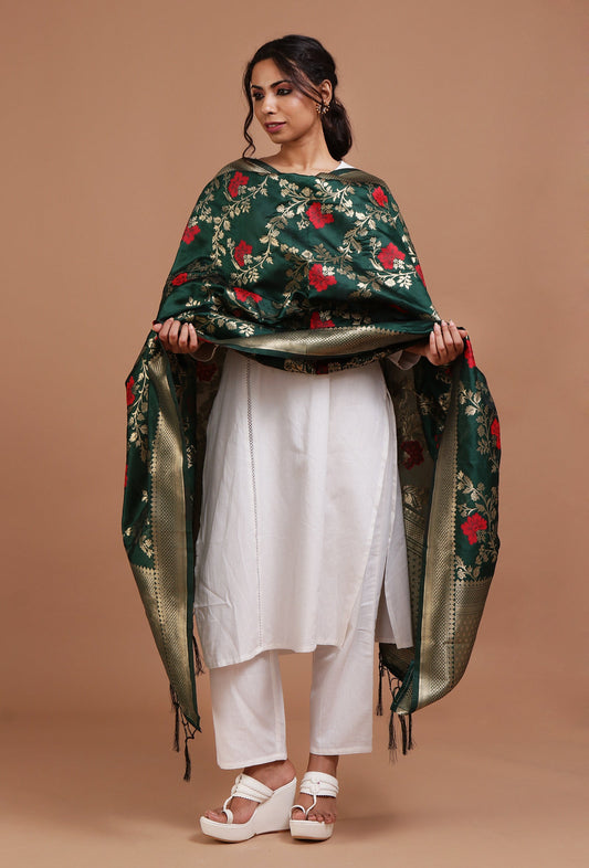 Bottle Green Color Semi Silk Dupatta With Zari Weaving
