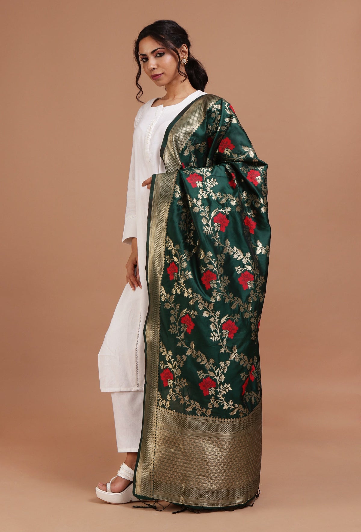 Bottle Green Color Semi Silk Dupatta With Zari Weaving