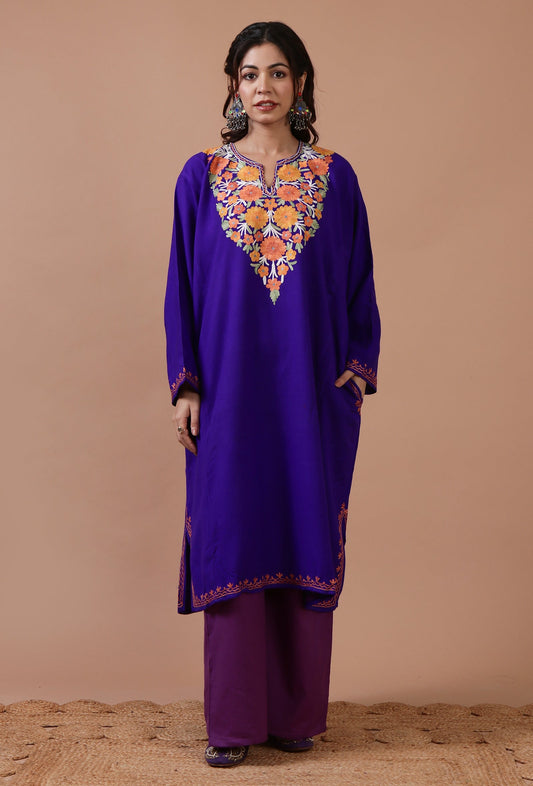 Blue Woolen Ari Embroidered Phiran