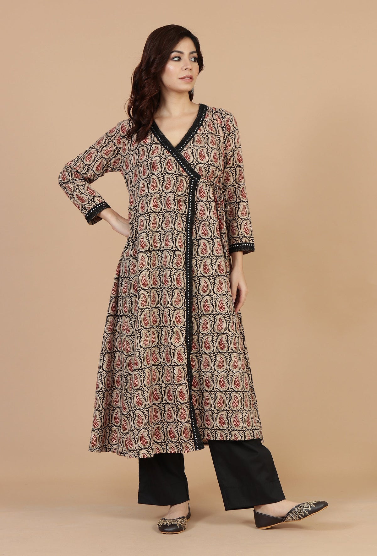 Baagh Hand Block Printed Angrakha Kurta with Lace Accents サイズ XXL