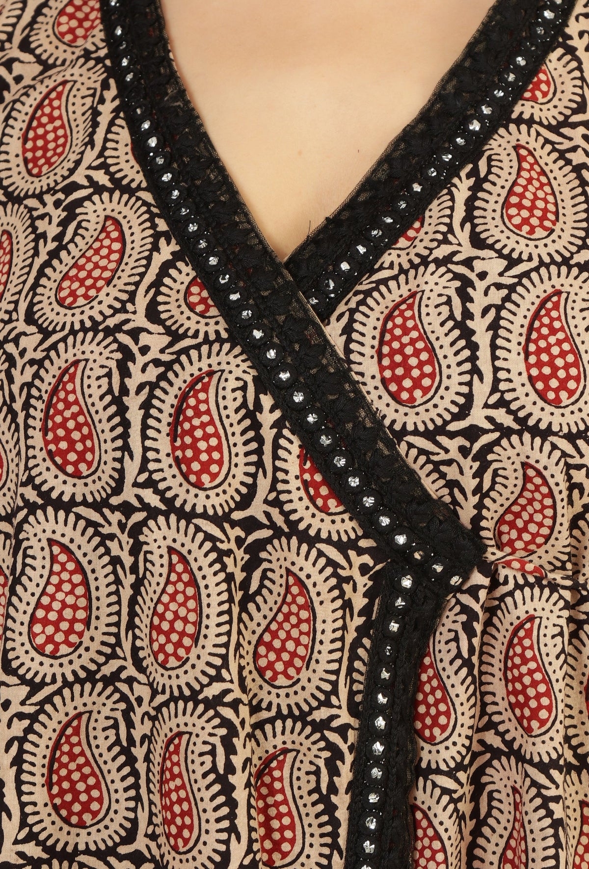 Baagh Hand Block Printed Angrakha Kurta with Lace Accents サイズ M