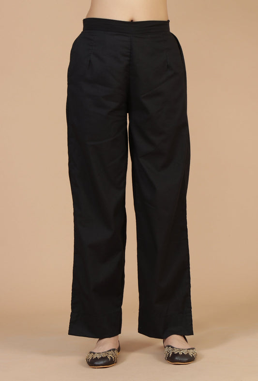 Solid Black Pure Cotton Straight Pants サイズ M