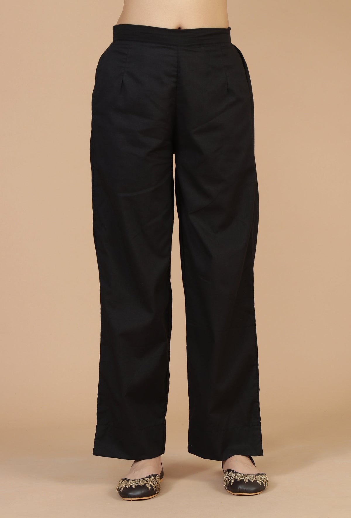 Solid Black Pure Cotton Straight Pants サイズ L