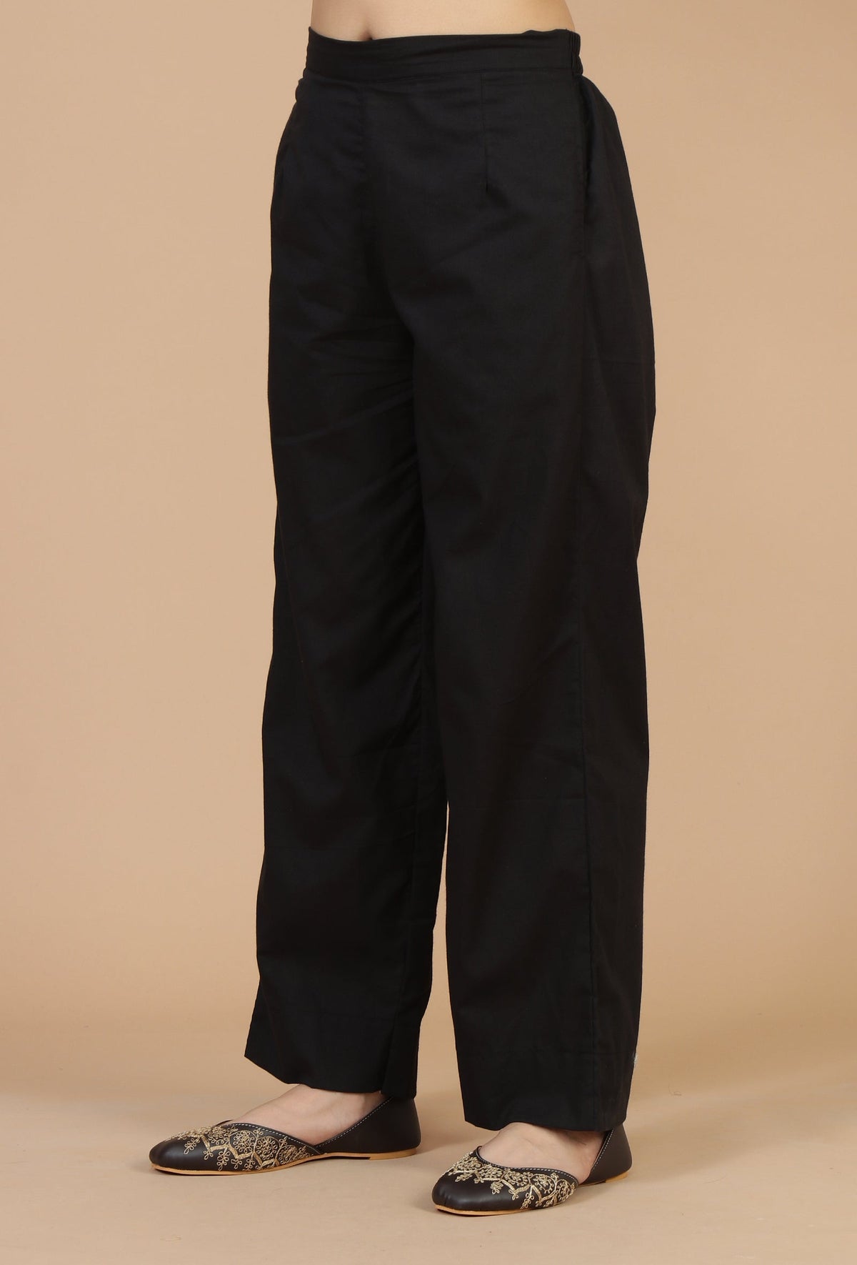 Solid Black Pure Cotton Straight Pants サイズ L