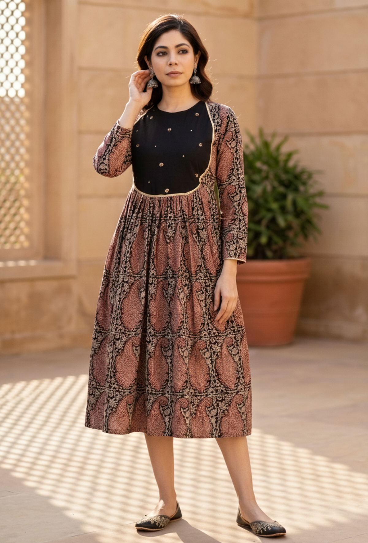 Baagh Print Gathered Dress with Lace & Handwork サイズ M