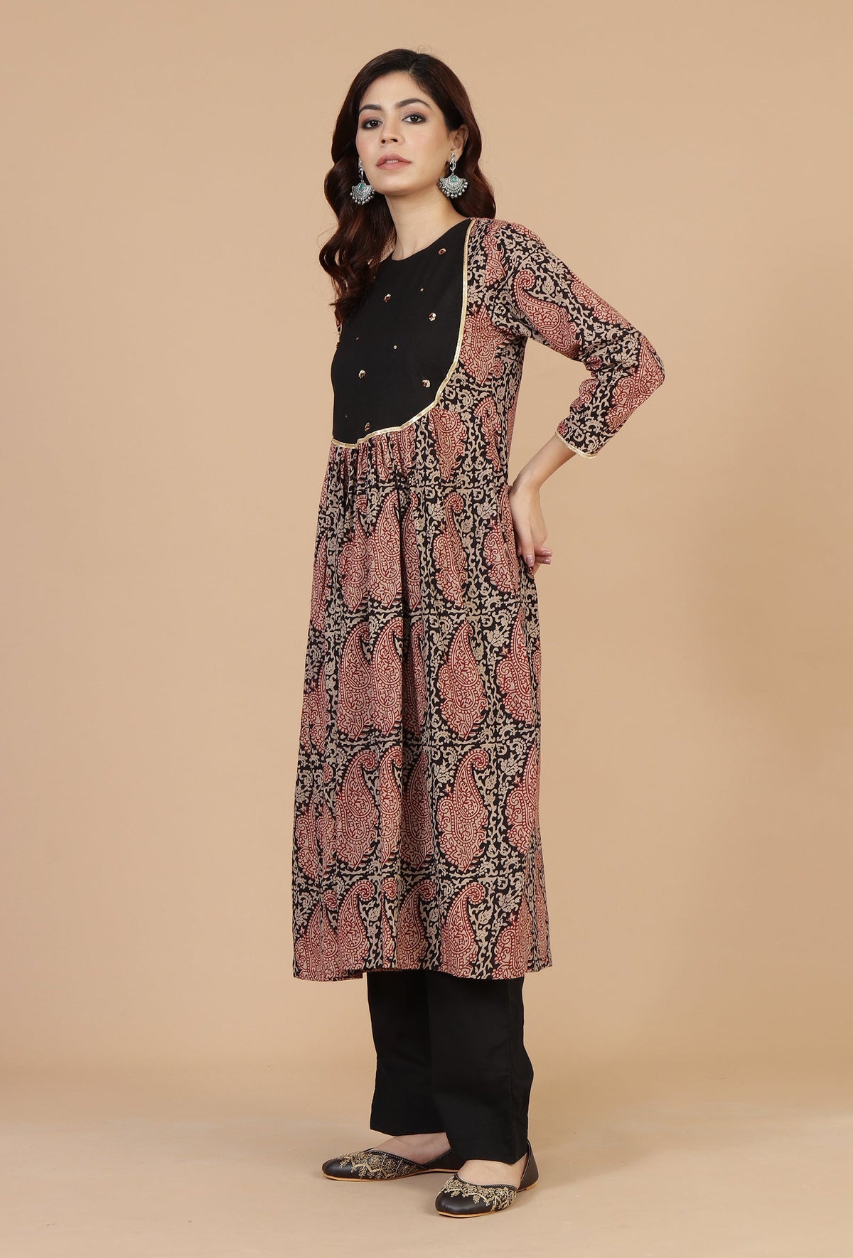 Baagh Print Gathered Dress with Lace & Handwork サイズ XXXL
