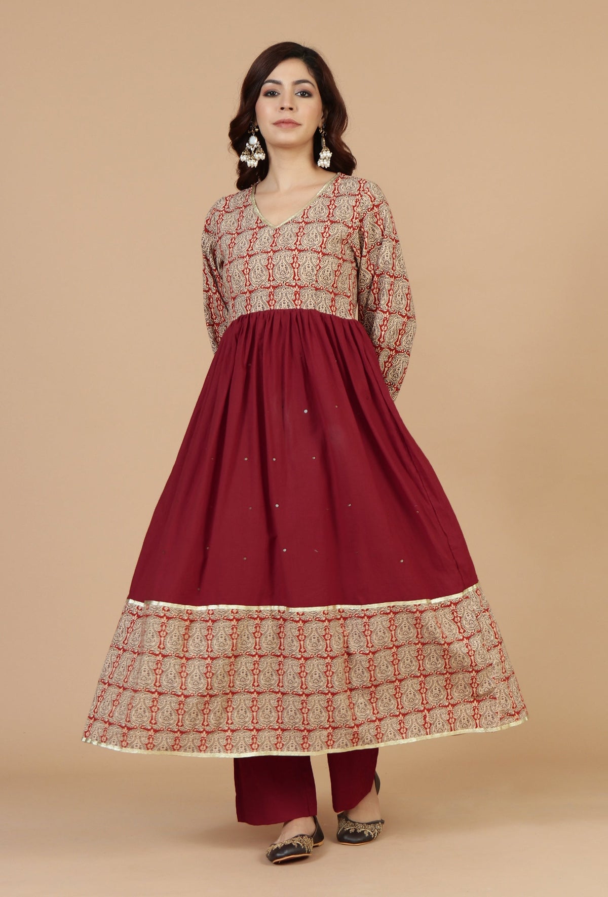 Set of 2: Red Flared Kurta with Baagh Block Print & Solid Cotton Pants クルタ XXXL・パンツ S