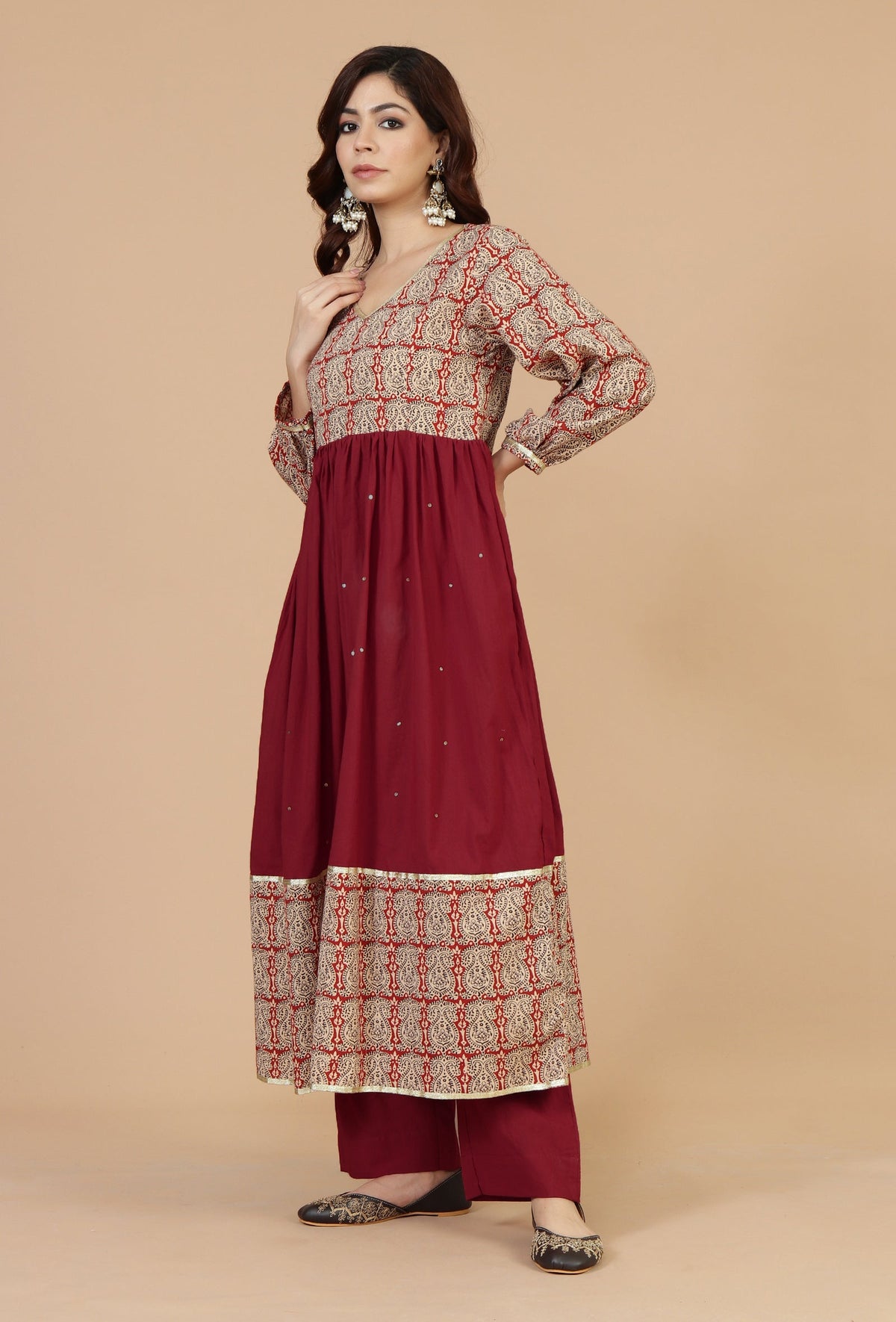 Set of 2: Red Flared Kurta with Baagh Block Print & Solid Cotton Pants クルタ L・パンツ XS