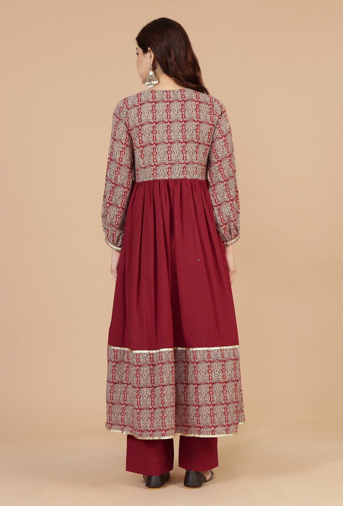 Set of 2: Red Flared Kurta with Baagh Block Print & Solid Cotton Pants クルタ XL・パンツ S