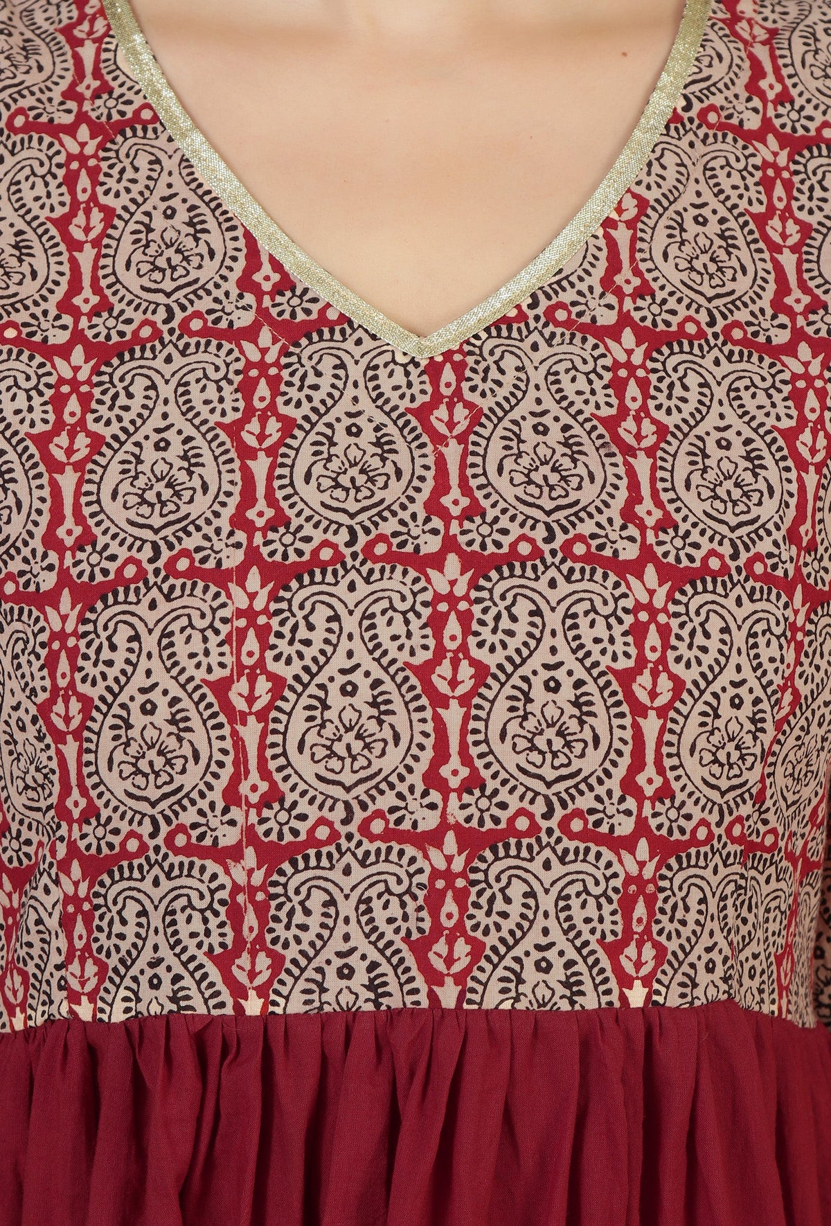 Set of 2: Red Flared Kurta with Baagh Block Print & Solid Cotton Pants クルタ XXXL・パンツ S