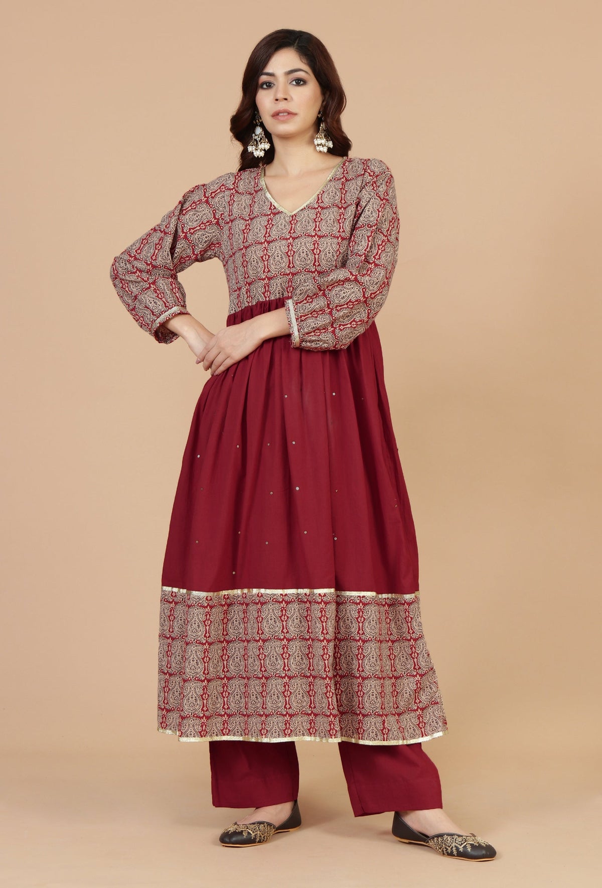 Red Cotton Flared Kurta with Baagh Block Print & Lace Details サイズ M