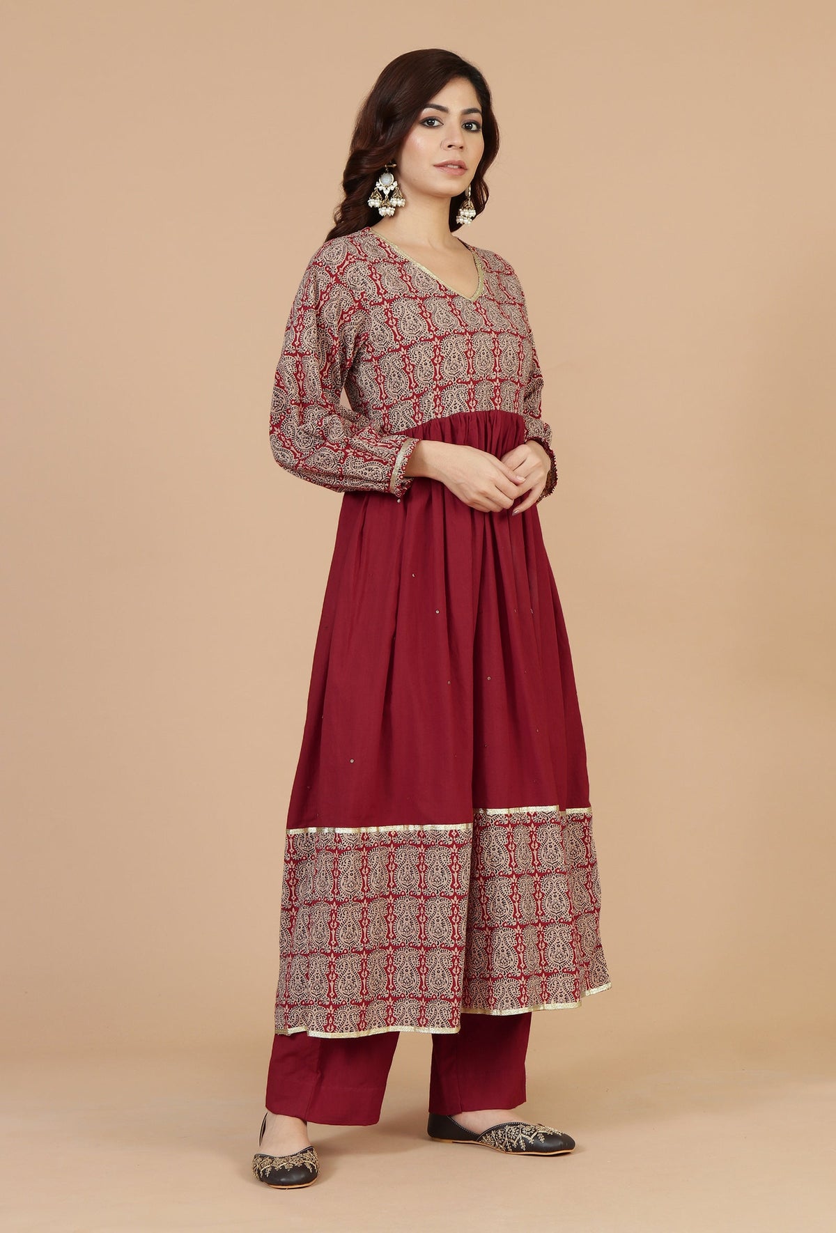 Red Cotton Flared Kurta with Baagh Block Print & Lace Details サイズ XXL
