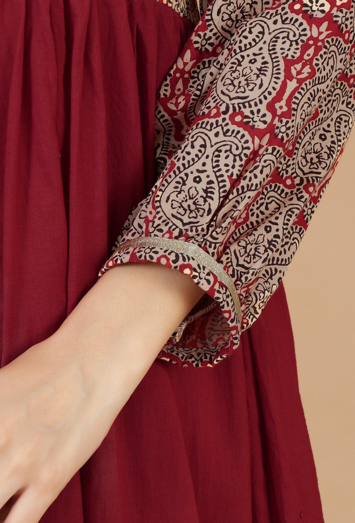 Red Cotton Flared Kurta with Baagh Block Print & Lace Details サイズ XS