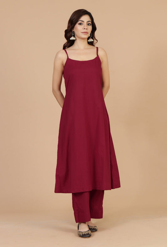 Set of 2: Red A-line Slip Kurta with Straight Pants クルタ XL・パンツ S