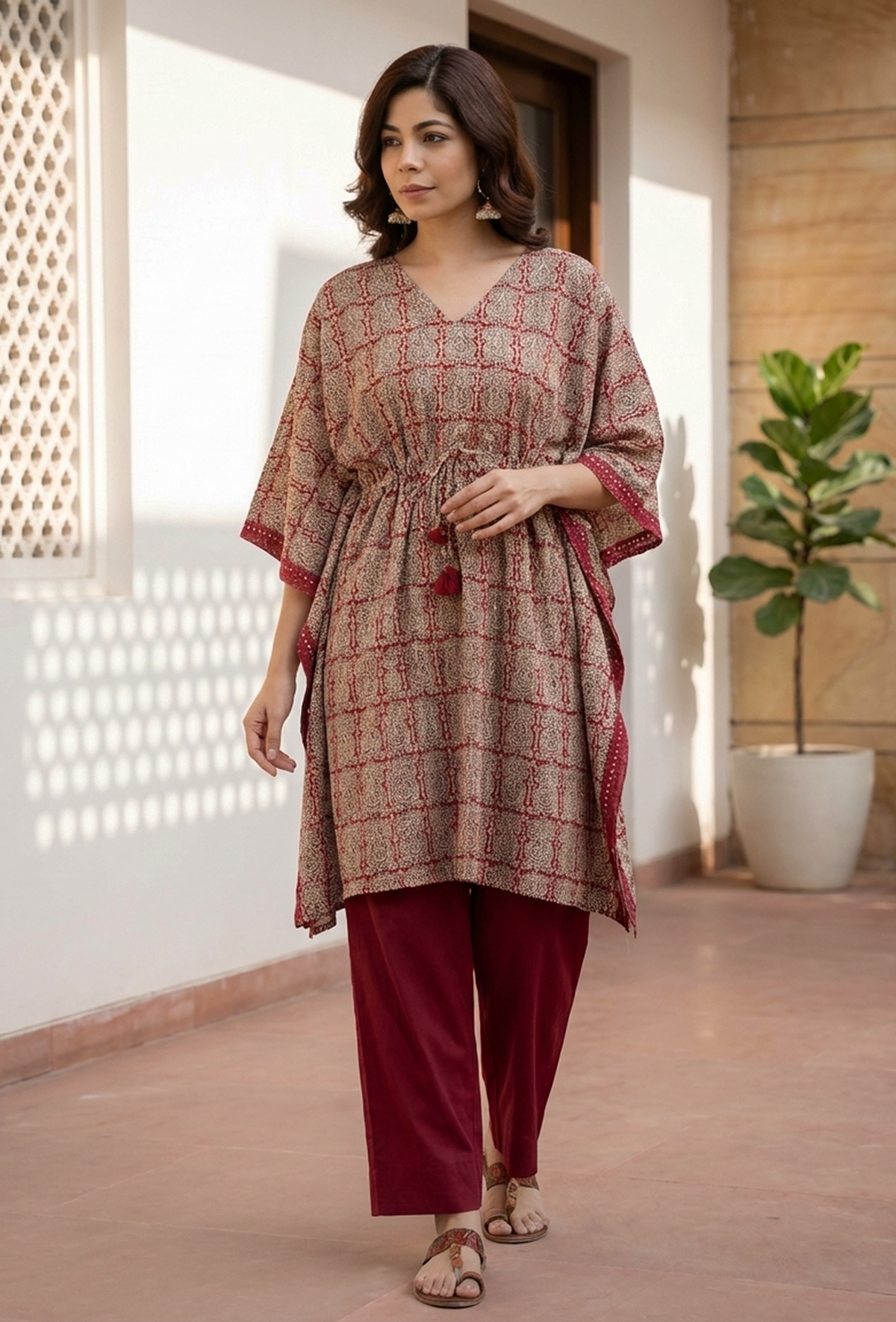Set of 2: Block Printed Kaftan Kurta with Red Cotton Pants クルタ XL・パンツ XXXL
