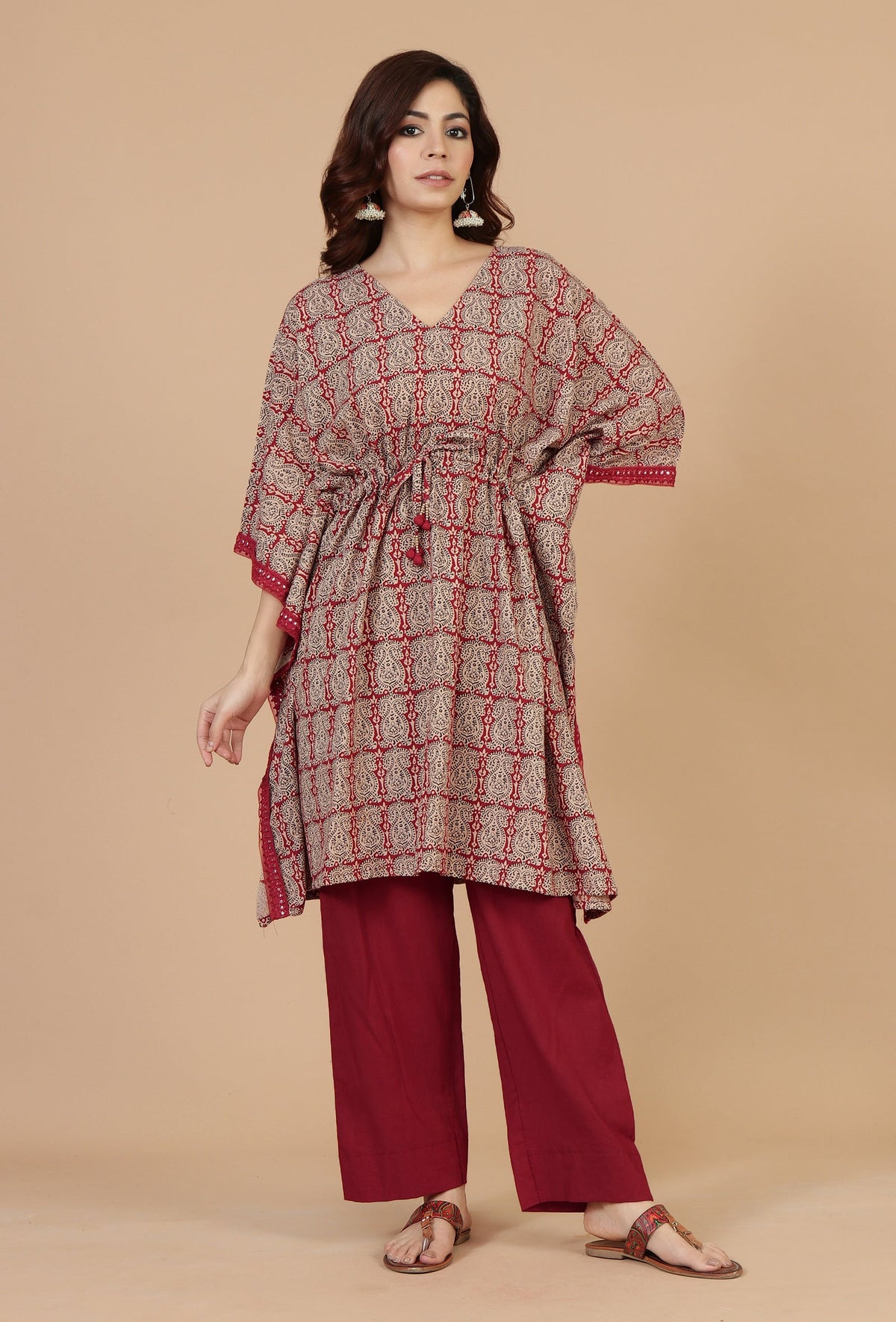 Set of 2: Block Printed Kaftan Kurta with Red Cotton Pants クルタ M・パンツ S