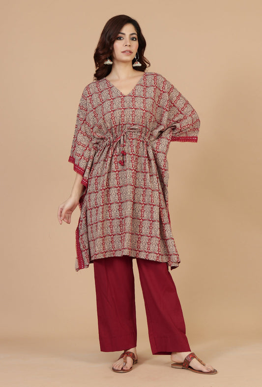Set of 2: Block Printed Kaftan Kurta with Red Cotton Pants クルタ M・パンツ S