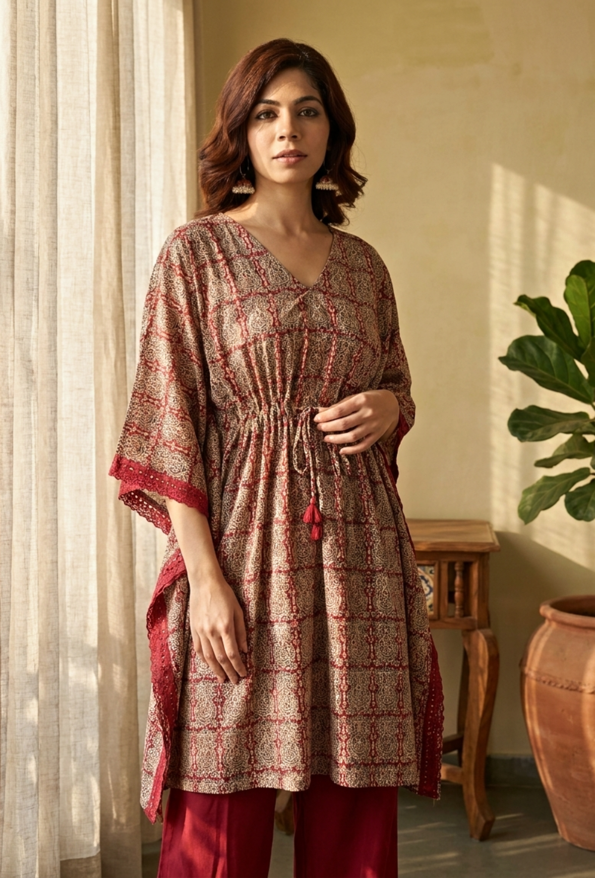 Beige & Red Baagh Block Print Cotton Kaftan Kurta サイズ L