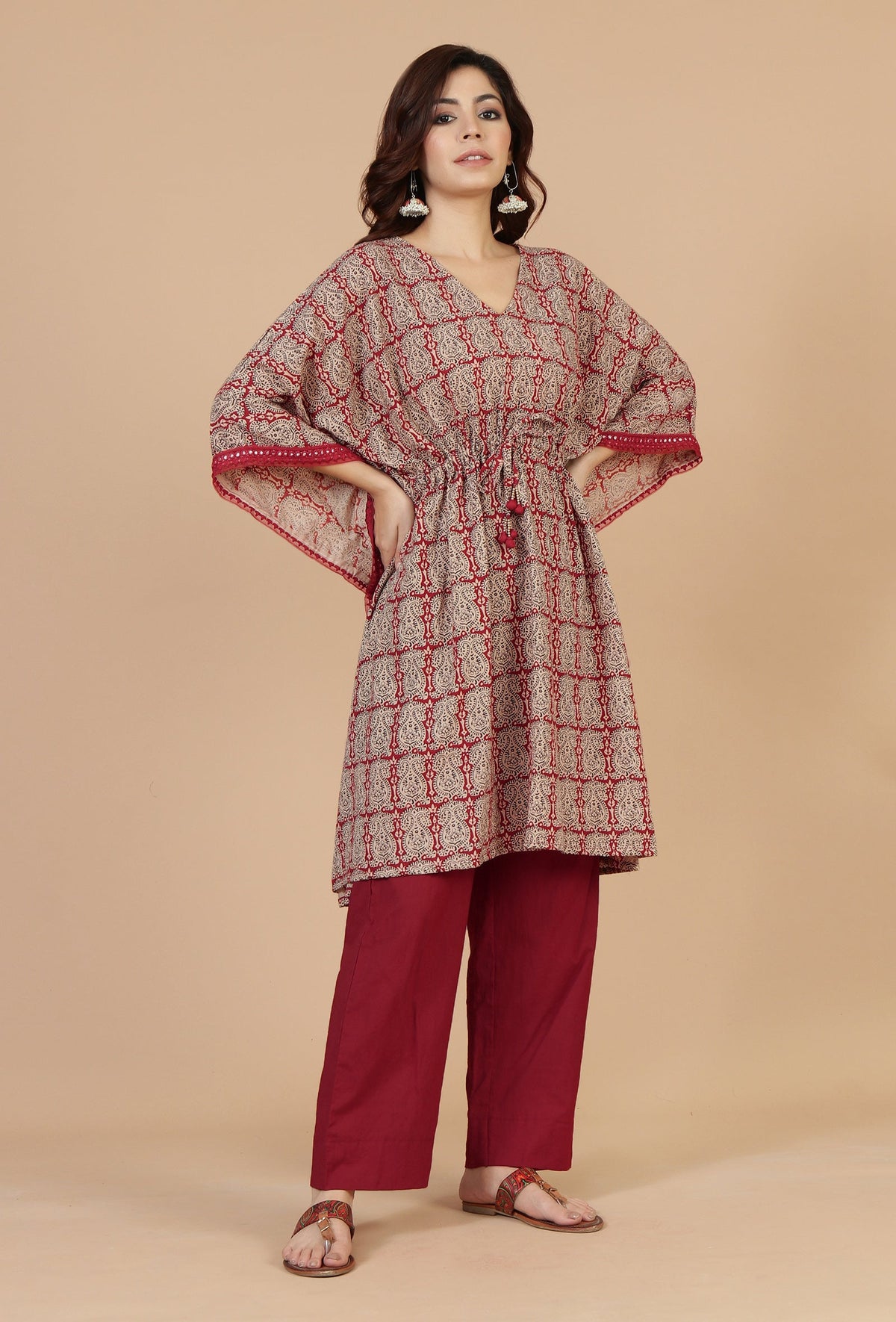 Beige & Red Baagh Block Print Cotton Kaftan Kurta サイズ S
