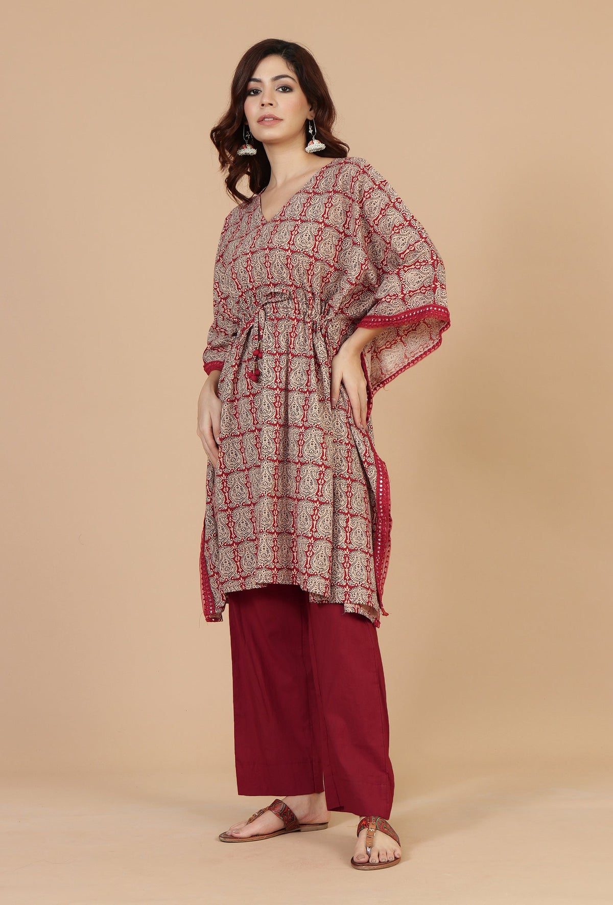 Beige & Red Baagh Block Print Cotton Kaftan Kurta サイズ XS