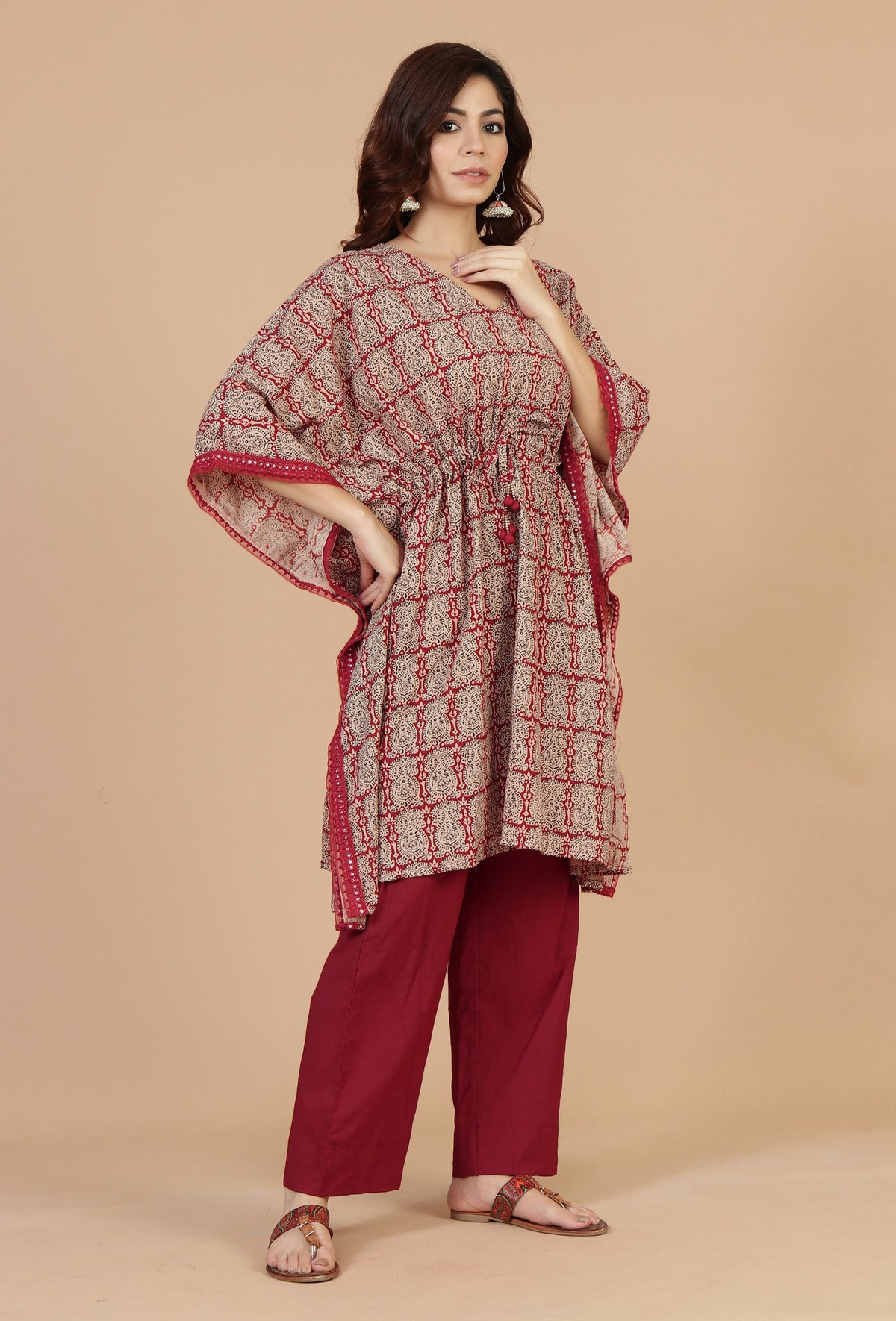 Beige & Red Baagh Block Print Cotton Kaftan Kurta サイズ L